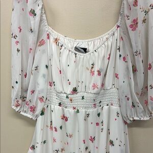 White and Pink Puff Sleeve Smocked Dress